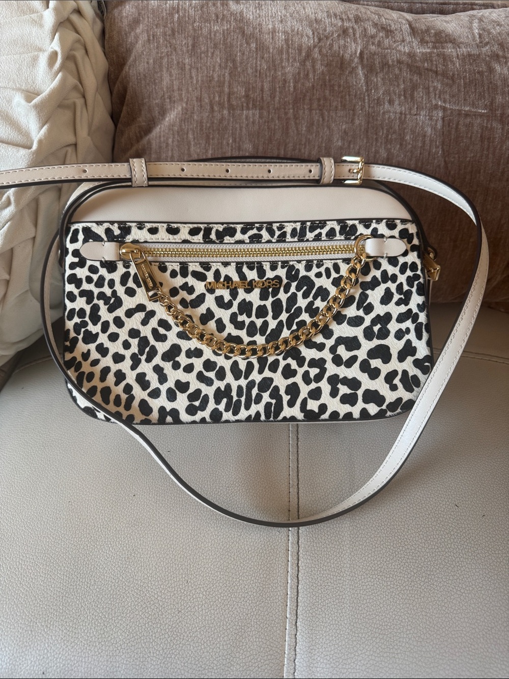 Michael Kors Black and White Animal Print Crossbody with Gold Chain Detail